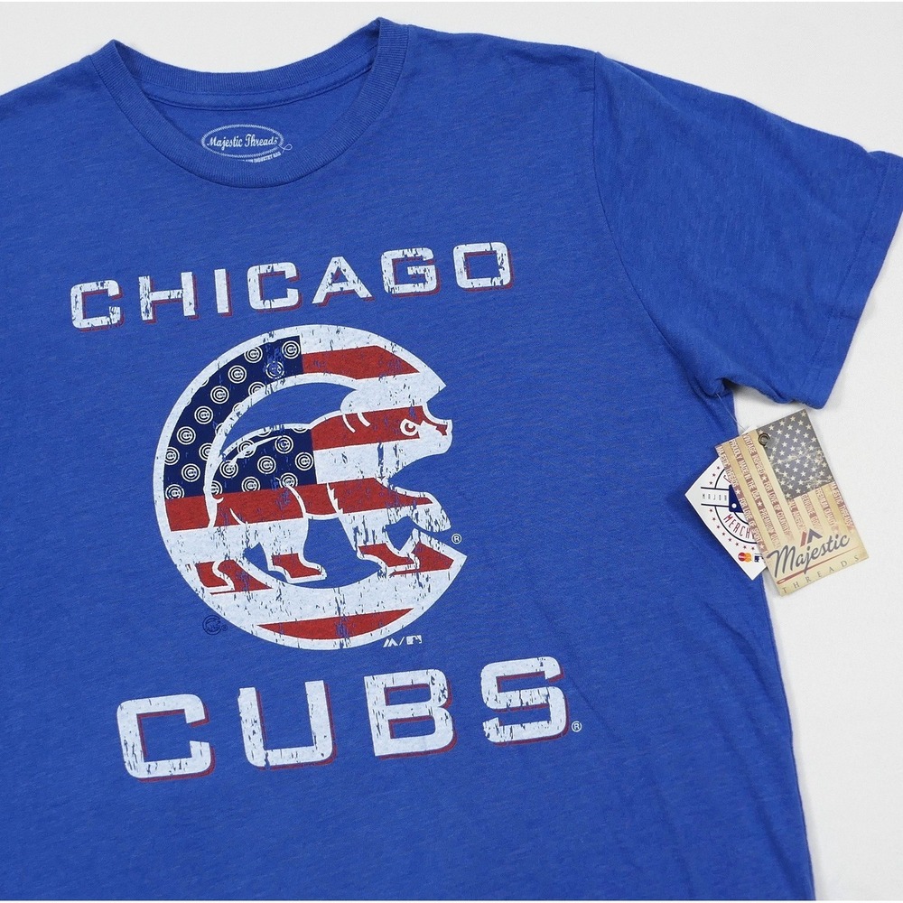 NEW Majestic Threads Chicago Cubs Mens Large Blue T-Shirt USA Flag MLB NWT